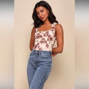 Floral Square-Neck Tank Top in Cream and Brown